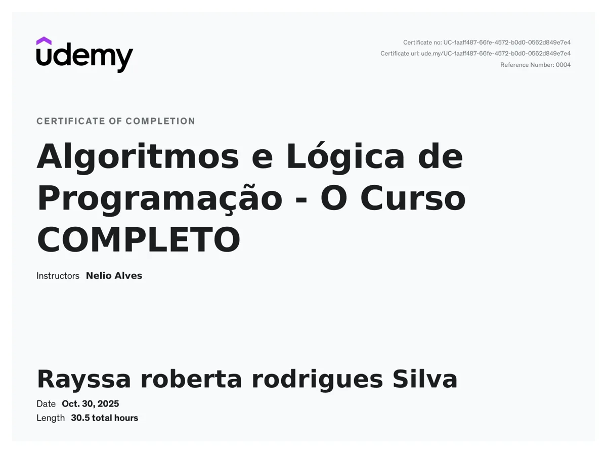 Udemy certificate of completion for Algoritmos e Lógica de Programação, 30.5 hours, October 30, 2025.