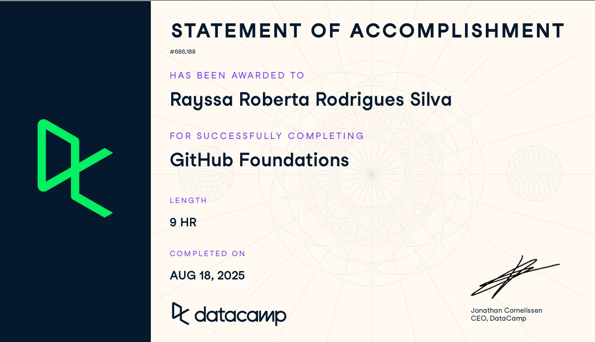 DataCamp statement of accomplishment for GitHub Foundations, 9 hours, completed on August 18, 2025.