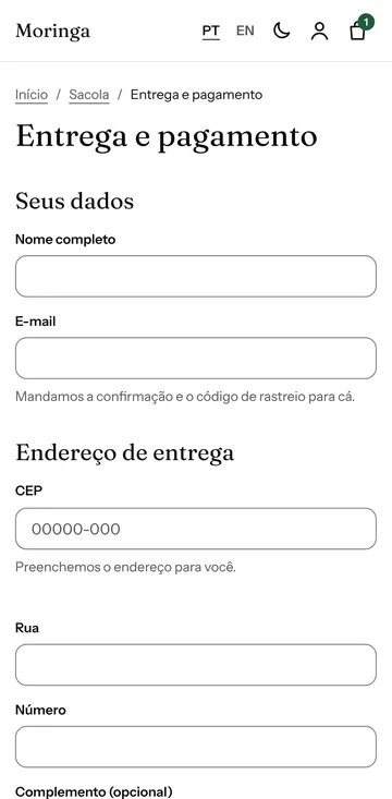 Checkout on a phone: the delivery form with name, email and a postal code field that fills in the address.