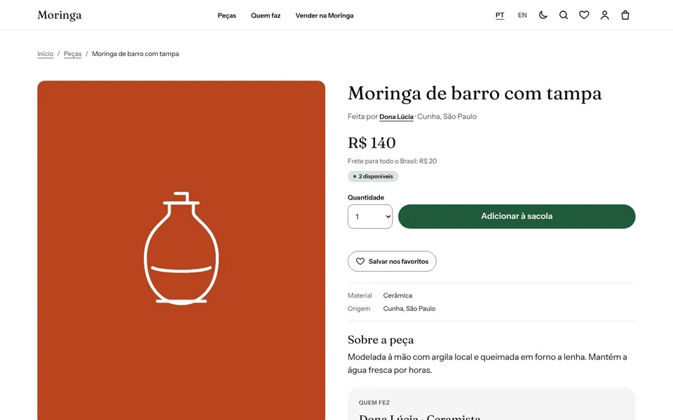 Piece page: a clay jar with price, stock, shipping, the maker story and reviews.