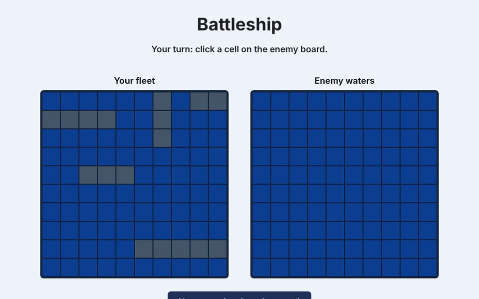 Battleship game: the player fleet and the enemy waters side by side, waiting for a shot.