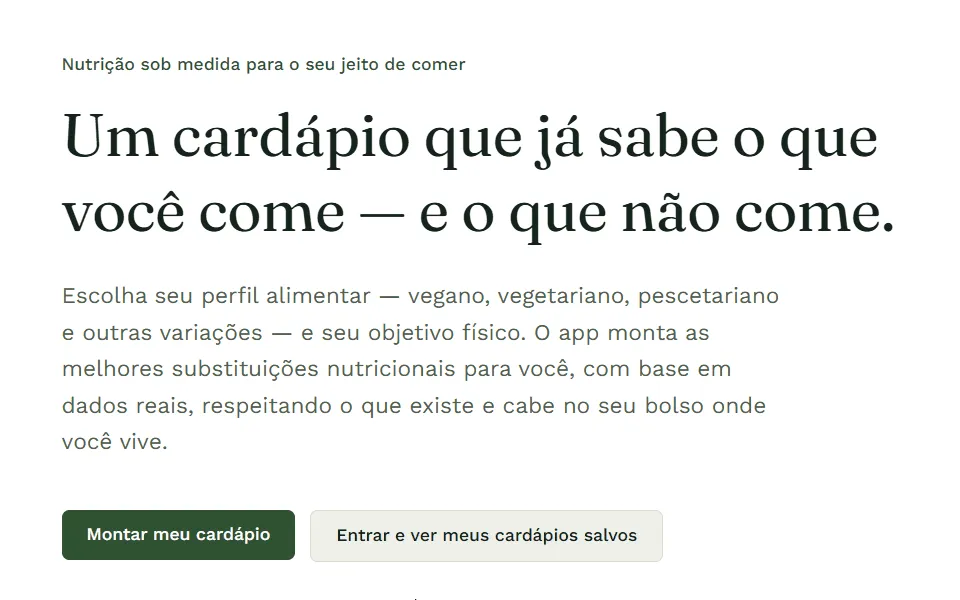 DietGreen home page in Portuguese: the headline “Um cardápio que já sabe o que você come” and a button to build a meal plan.