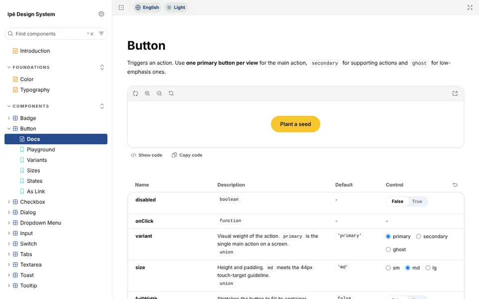 Ipê Storybook showing the Button documentation page.